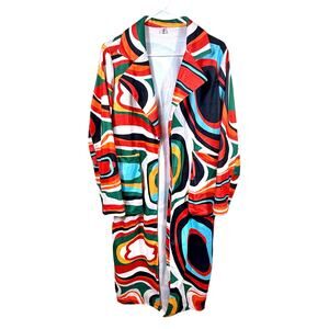 Womens Long Coat Open Front Size L Multicolor Psychedelic Jacket